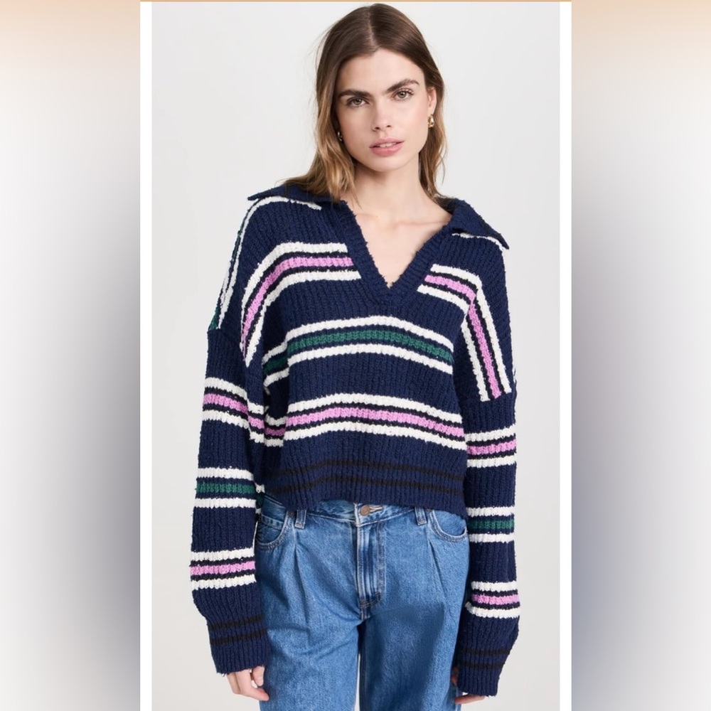 Free People Kennedy Pullover Sweater Striped Collared V-Neck Cropped Size S/M
